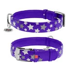Ошейник для собак кожаный WAUDOG Glamour с QR паспортом, узор "Звёздочка", светящийся/светоотражающий, Ш 35 мм, Дл 46-60 см, фиолетовый