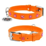 Нашийник для собак шкіряний WAUDOG Glamour з QR паспортом, з клейовими стразами "Квітка", Ш 20 мм, Дл 30-39 см, оранжевий