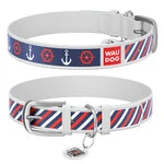 Ошейник WAUDOG Design с рисунком "Якоря 2", премиум кожа, металлическая пряжка (ширина 15 мм, длина 27-36 см), белый