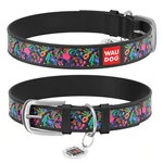 Ошейник WAUDOG Design с рисунком "Волшебные цветы", премиум кожа, металлическая пряжка (ширина 12 мм, длина 19-25 см), черный