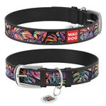 Ошейник WAUDOG Design с рисунком "Яркий тропик", премиум кожа, металлическая пряжка (ширина 35 мм, длина 46-60 см), черный