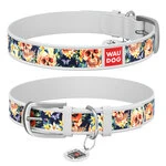 Ошейник WAUDOG Design с рисунком "Гламурные черепа", премиум кожа, металлическая пряжка (ширина 35 мм, длина 46-60 см), белый