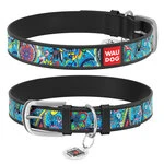 Ошейник WAUDOG Design с рисунком "Лазурь", премиум кожа, металлическая пряжка (ширина 35 мм, длина 46-60 см), черный
