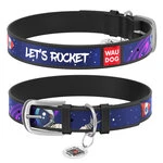 Ошейник для собак кожаный WAUDOG Design с QR паспортом, рисунок "Космос. Ракета", XS, Ш 12 мм, Дл 21-29 см, черный