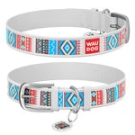 Ошейник для собак кожаный WAUDOG Design с QR паспортом, рисунок "Этно", Ш 25 мм, Дл 38-49 см, белый
