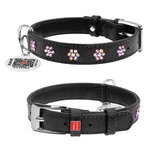 Нашийник для собак шкіряний WAUDOG Glamour з QR паспортом, з клейовими стразами "Квітка", Ш 20 мм, Дл 30-39 см, чорний