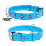 Нашийник для собак шкіряний WAUDOG Glamour з QR паспортом, з клейовими стразами "Квітка", Ш 15 мм, Дл 27-36 см, блакитний