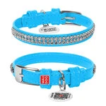Нашийник для собак шкіряний WAUDOG Glamour з QR паспортом, з прикрасою "Полотно страз", Ш 12 мм, Дл 21-29 см, блакитний