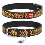 Ошейник WAUDOG Design с рисунком "Тигр", премиум кожа, металлическая пряжка (ширина 20 мм, длина 30-39 см), черный