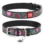 Ошейник WAUDOG Design с рисунком "Мандалы", премиум кожа, металлическая пряжка (ширина 12 мм, длина 19-25 см), черный
