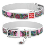 Ошейник WAUDOG Design с рисунком "Мандалы", премиум кожа, металлическая пряжка (ширина 25 мм, длина 38-49 см), белый