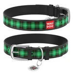 Ошейник WAUDOG Design с рисунком "Шотландка зеленая", премиум кожа, металлическая пряжка (ширина 15 мм, длина 27-36 см), черный