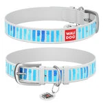 Ошейник WAUDOG Design с рисунком "Голубые полоски", премиум кожа, металлическая пряжка (ширина 25 мм, длина 38-49 см), белый