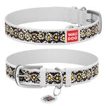 Ошейник WAUDOG Design с рисунком "Ромашки", премиум кожа, металлическая пряжка (ширина 20 мм, длина 30-39 см), белый
