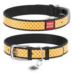 Ошейник WAUDOG Design с рисунком "Желтая полька", премиум кожа, металлическая пряжка (ширина 25 мм, длина 38-49 см), черный