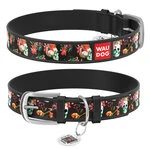 Ошейник WAUDOG Design с рисунком "Черепа", премиум кожа, металлическая пряжка (ширина 12 мм, длина 19-25 см), черный