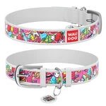 Ошейник WAUDOG Design с рисунком "Фантазия", премиум кожа, металлическая пряжка (ширина 35 мм, длина 46-60 см), белый