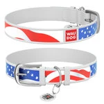 Ошейник WAUDOG Design с рисунком "Звёзды и полосы", премиум кожа, металлическая пряжка (ширина 25 мм, длина 38-49 см), белый