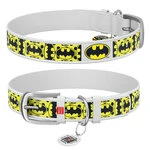 Ошейник для собак кожаный WAUDOG Design с QR паспортом, рисунок "Бэтмен4", Ш 12 мм, Дл 18-24 см, белый