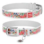 Ошейник WAUDOG Design с рисунком "Черепа в цветах", премиум кожа, металлическая пряжка (ширина 12 мм, длина 19-25 см), белый