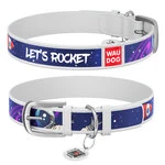 Ошейник для собак кожаный WAUDOG Design с QR паспортом, рисунок "Космос. Ракета", S, Ш 15 мм, Дл 27-36 см, белый
