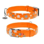 Нашийник для собак шкіряний WAUDOG Glamour з QR паспортом, візерунок "Зірочка", що світиться/світловідбиваючий, Ш 35 мм, Дл 46-60 см, оранжевий