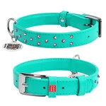 Нашийник для собак шкіряний WAUDOG Glamour з QR паспортом, з клейовими стразами, Ш 20 мм, Дл 30-39 см, ментоловий