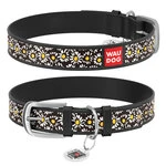 Ошейник WAUDOG Design с рисунком "Ромашки", премиум кожа, металлическая пряжка (ширина 15 мм, длина 27-36 см), черный