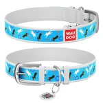 Ошейник WAUDOG Design с рисунком "Игривые собачки", премиум кожа, металлическая пряжка (ширина 35 мм, длина 46-60 см), белый