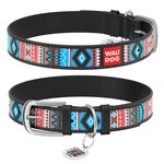 Ошейник для собак кожаный WAUDOG Design с QR паспортом, рисунок "Этно", Ш 20 мм, Дл 30-39 см, черный