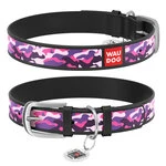 Ошейник WAUDOG Design с рисунком "Розовый камо", премиум кожа, металлическая пряжка (ширина 12 мм, длина 21-29 см), черный