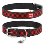 Ошейник WAUDOG Design с рисунком "Шотландка красная", премиум кожа, металлическая пряжка (ширина 35 мм, длина 46-60 см), черный