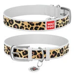 Ошейник WAUDOG Design с рисунком "Леопард", премиум кожа, металлическая пряжка (ширина 35 мм, длина 46-60 см), белый