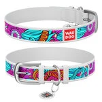 Ошейник для собак кожаный WAUDOG Design с QR паспортом, рисунок "Лето", Ш 25 мм, Дл 38-49 см, белый