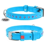 Нашийник для собак шкіряний WAUDOG Glamour з QR паспортом, з клейовими стразами, Ш 15 мм, Дл 27-36 см, блакитний