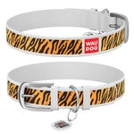 Ошейник WAUDOG Design с рисунком "Тигр", премиум кожа, металлическая пряжка (ширина 12 мм, длина 21-29 см), белый