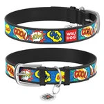 Ошейник WAUDOG Design с рисунком "ВАУ", премиум кожа, металлическая пряжка (ширина 35 мм, длина 46-60 см), черный