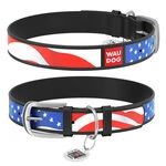 Ошейник WAUDOG Design с рисунком "Звёзды и полосы", премиум кожа, металлическая пряжка (ширина 35 мм, длина 46-60 см), черный