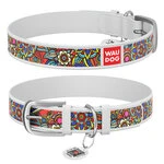 Ошейник WAUDOG Design с рисунком "Фолк", премиум кожа, металлическая пряжка (ширина 15 мм, длина 27-36 см), белый