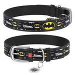 Ошейник для собак кожаный WAUDOG Design с QR паспортом, рисунок "Бэтмен3", Ш 15 мм, Дл 26-35 см, черный