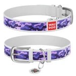 Ошейник WAUDOG Design с рисунком "Фиолетовый камо", премиум кожа, металлическая пряжка (ширина 15 мм, длина 27-36 см), белый