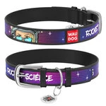 Ошейник для собак кожаный WAUDOG Design с QR паспортом, рисунок "Космос. Ракетостроение", XS, Ш 12 мм, Дл 21-29 см, черный