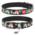 Ошейник WAUDOG Design с рисунком "Пэчворк 2", премиум кожа, металлическая пряжка (ширина 15 мм, длина 27-36 см), черный