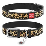 Ошейник WAUDOG Design с рисунком "Леопард", премиум кожа, металлическая пряжка (ширина 20 мм, длина 30-39 см), черный