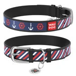 Ошейник WAUDOG Design с рисунком "Якоря 2", премиум кожа, металлическая пряжка (ширина 25 мм, длина 38-49 см), черный