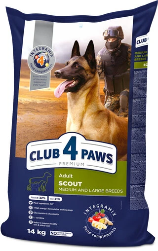 Сухий корм для дорослих робочих собак Club 4 Paws (Клуб 4 Лапи) Преміум Скаут 14 кг для середніх і великих порід