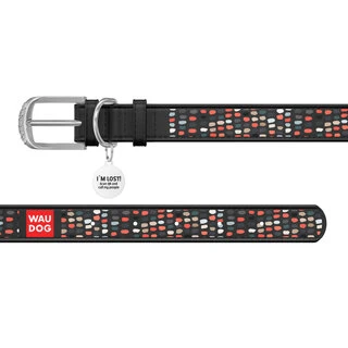 Ошейник WAUDOG Design с рисунком "Смешные точки", премиум кожа, металлическая пряжка (ширина 35 мм, длина 46-60 см), черный