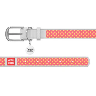 Ошейник WAUDOG Design с рисунком "Розовая полька", премиум кожа, металлическая пряжка (ширина 25 мм, длина 38-49 см), белый