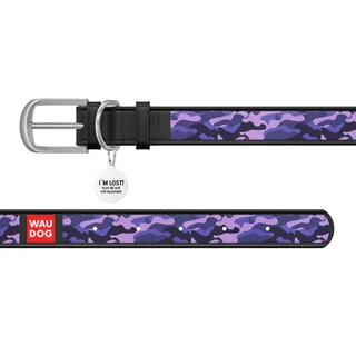 Ошейник WAUDOG Design с рисунком "Фиолетовый камо", премиум кожа, металлическая пряжка (ширина 12 мм, длина 21-29 см), черный