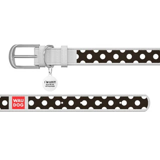 Ошейник WAUDOG Design с рисунком "Полька", премиум кожа, металлическая пряжка (ширина 12 мм, длина 19-25 см), белый